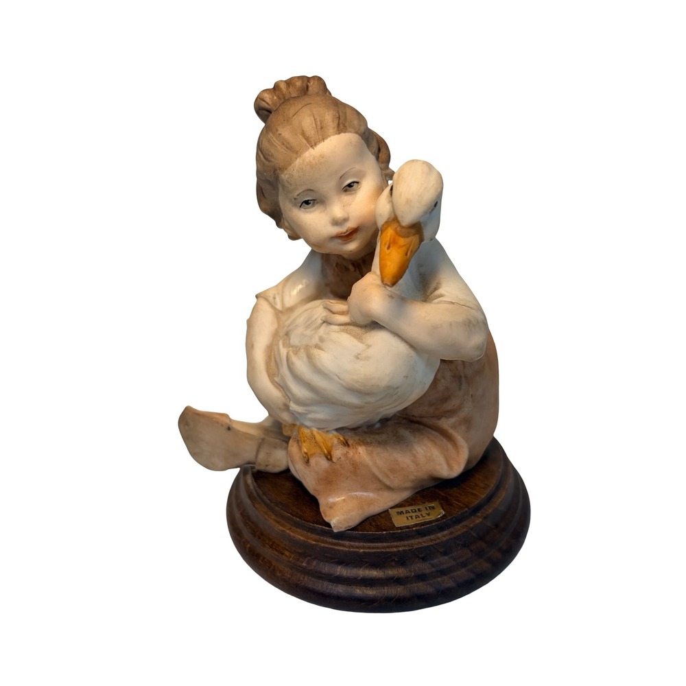 Giuseppe Armani Figurine Girl Hugging Goose Italy Porcelain Wood Base